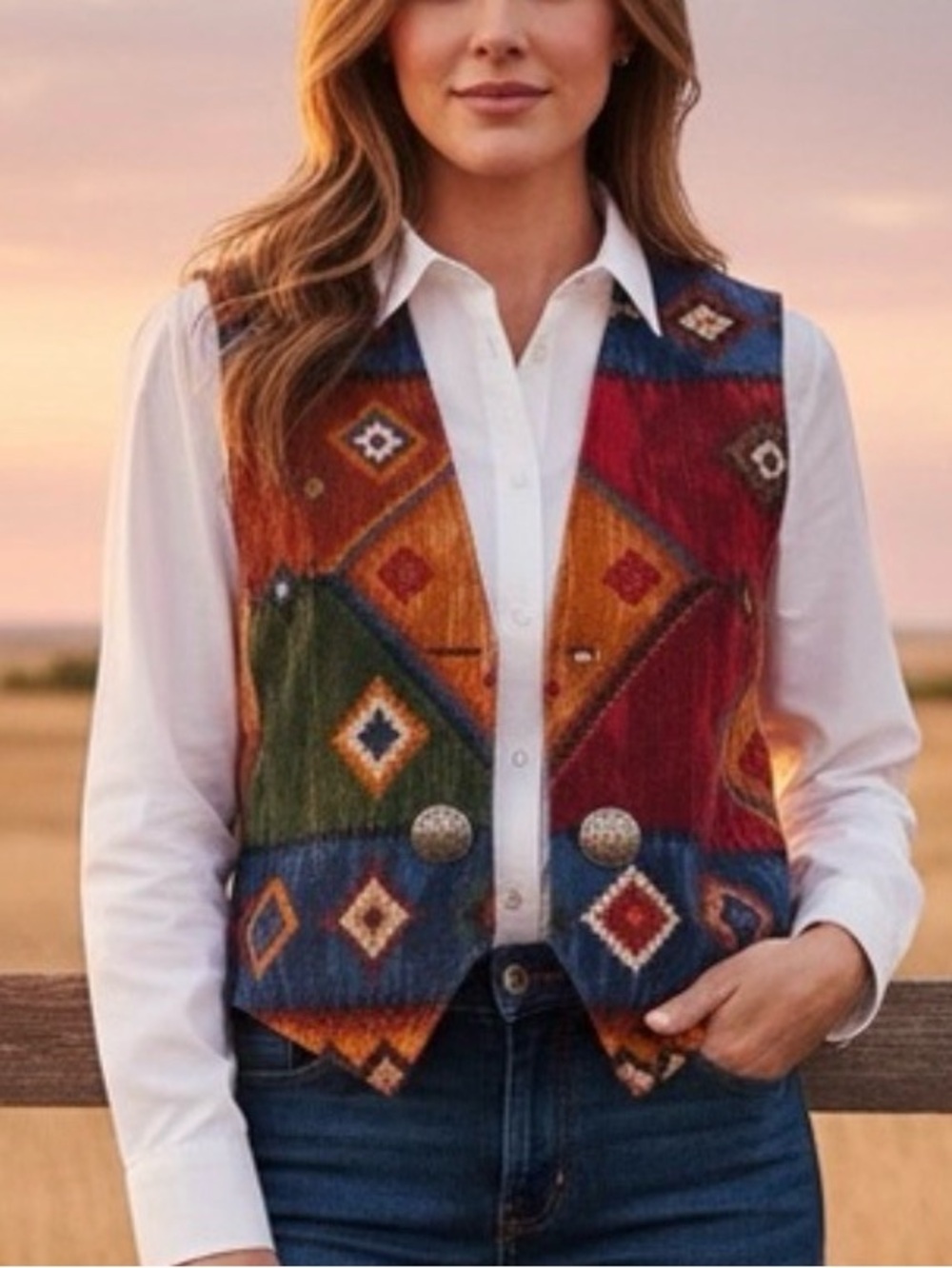 Coldwater Creek Vintage Southwestern tapestry Vest silver button Aztec western M